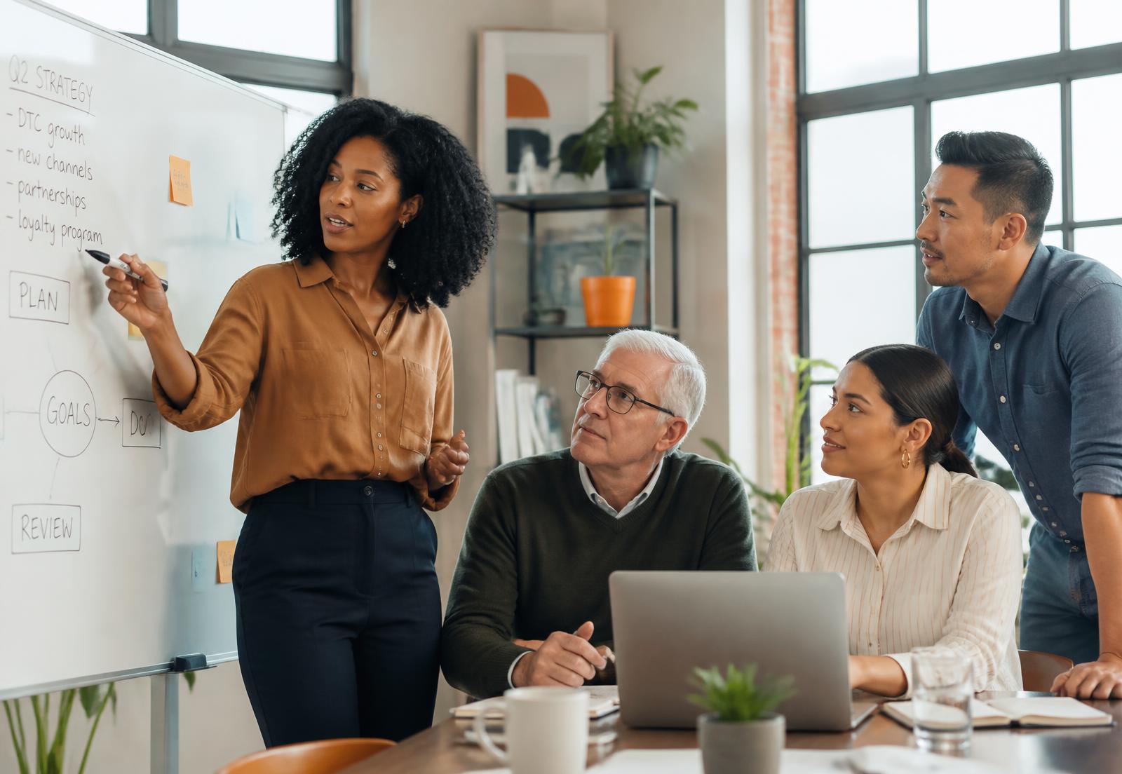 A multigenerational, multiracial team of business owners planning at a whiteboard